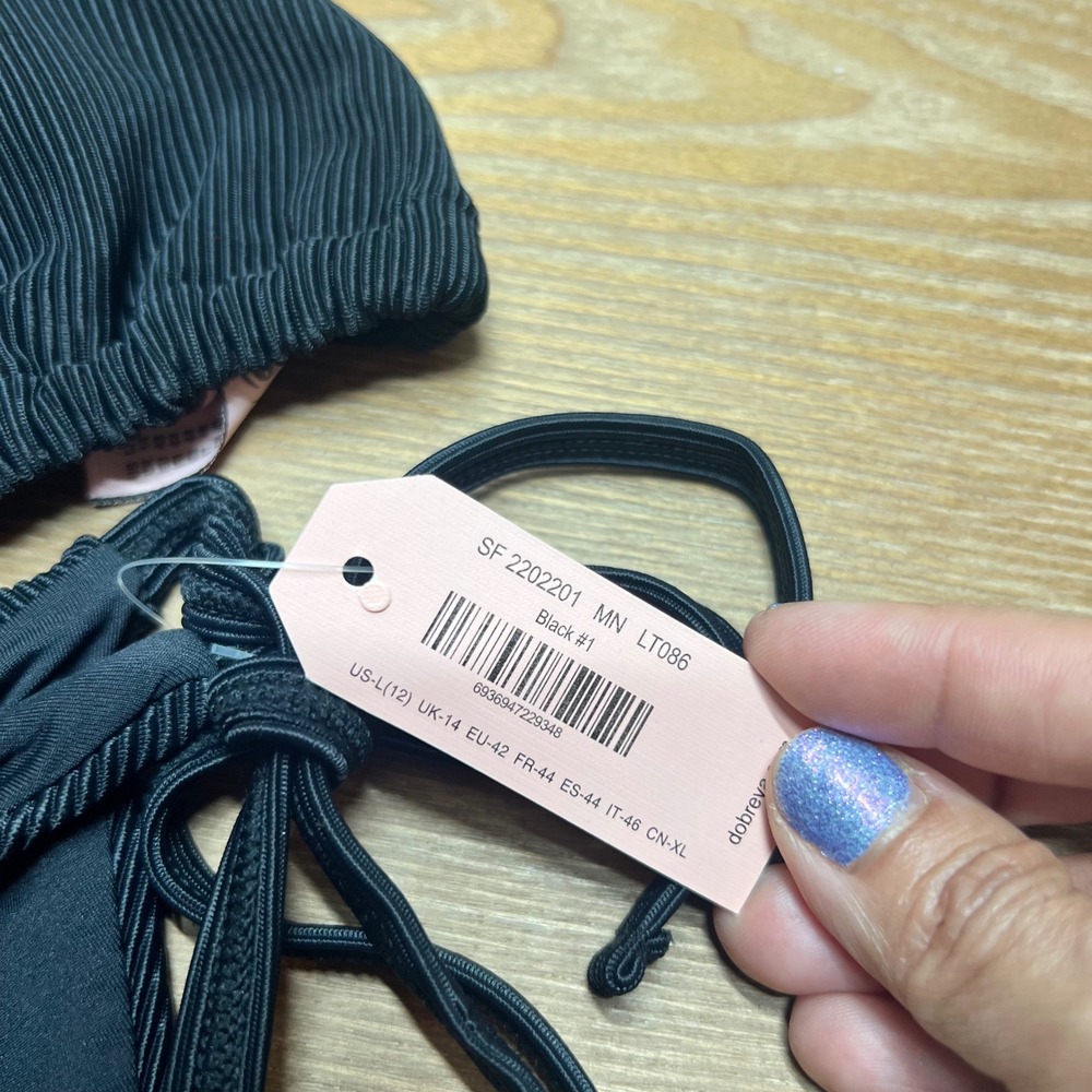 Dobreva Black Ribbed Triangle Bikini Set Side Tie Swimsuit NWT Size L - Picture 3 of 3